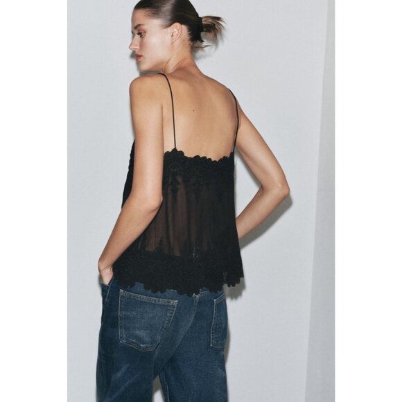 Zara Womens Camisole Top S Black Floral Embellished Beaded Sheer 6895/097 NWT - Picture 3 of 16